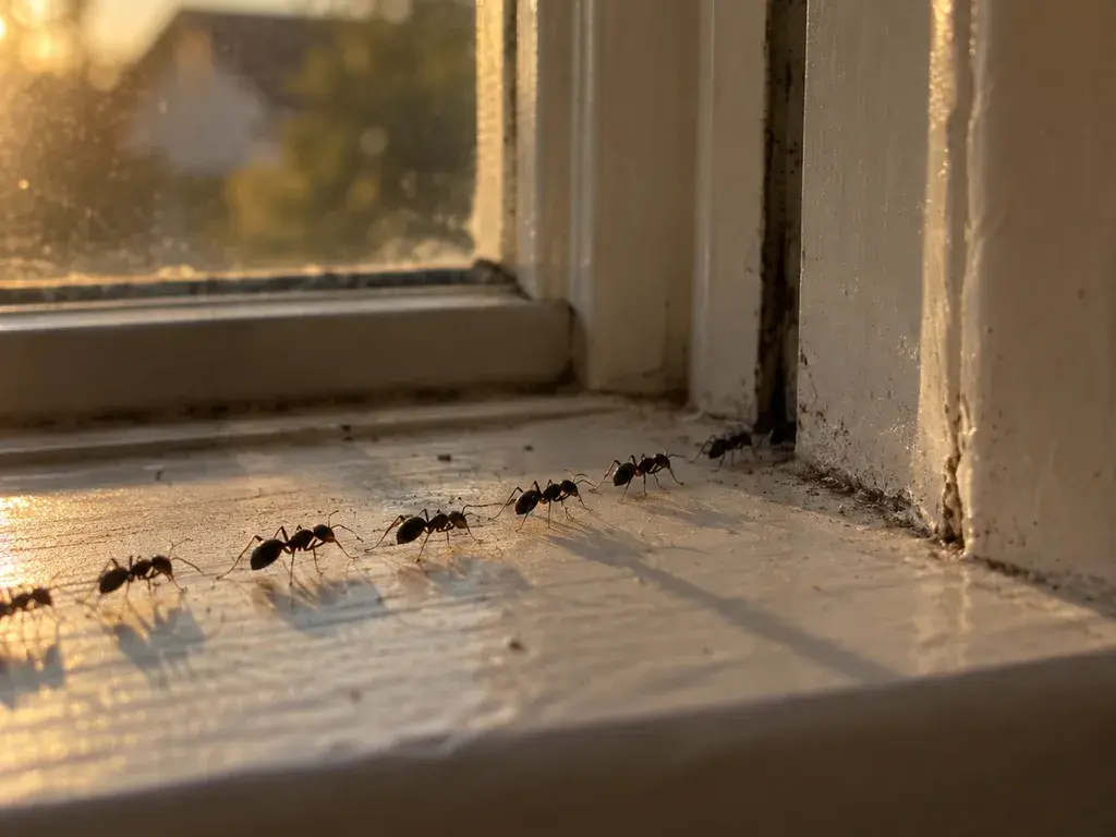 Ants walking along the edge of a kitchen countertop