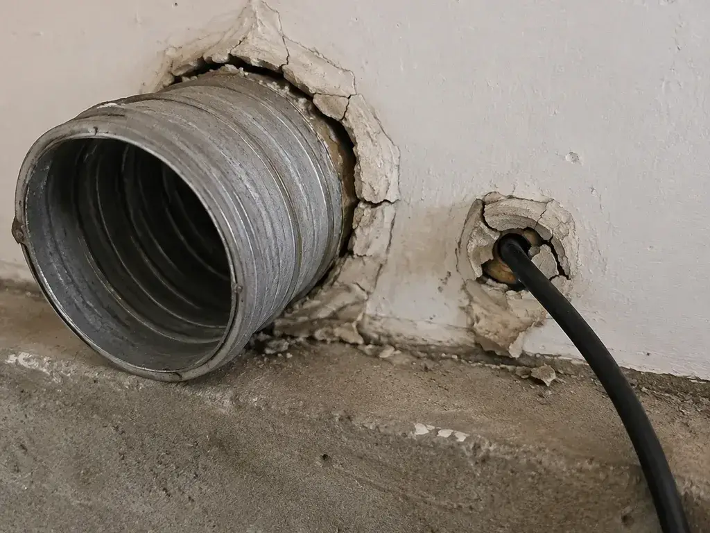 A dryer vent and cable passing through a house wall, sealant cracked away