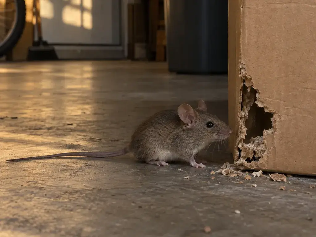 A mouse beside a gap at the bottom of a baseboard