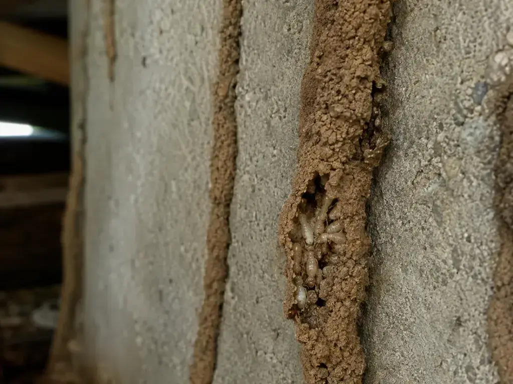 Termite mud tubes running up a concrete foundation wall